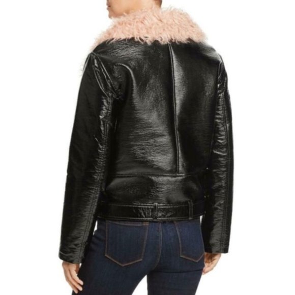 💥STUNNING!💥Pink Faux Mongolian Fur Collar & Lining Glossy Leather Moto Jacket - Picture 5 of 16